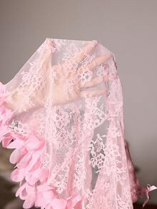 SHEIN 2pcs/Set Cherry Blossom Pink Lace Camisole Top & Hollow-Out Jacquard Knit Ruffle Hem Pajama Pants - Pink - View 7