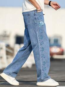 Manfinity Hypemode 男士高级腰果花数码印花牛仔裤 - 藍色 - 查看 7