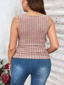 SHEIN LUNE Plus Size Women's Dusty Pink Square Neck Ribbed Fitted Tank Top,Summer Casual Vacation Ribbed Knit Top Sweater Tank,Elegant Latest Knitted Tops - Dusty Pink - View 2