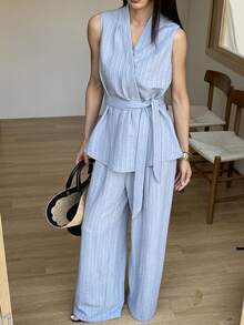 DAZY Women's Casual V-Neck Belted Vest And Wide Leg Pants 2 Pieces Set, Spring/Summer - Green - View 1