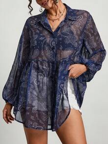 SHEIN CURVE+ 大码女式休闲灯笼袖印花衬衫，适合春、秋、冬三季穿着/秋季/冬季/2026/新年 - 彩色 - 查看 9