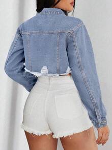 Jeanoix Short Frayed Hem Long Sleeve Casual Button Front Denim Jacket, Versatile - Light Wash - View 2