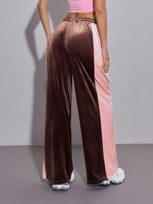 SHEIN ICON بنطلون نسائي كاجوال فضفاض بخصر رباط متباين الألوان - بني - مشاهدة 2