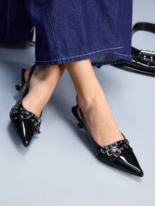 CUCCOO GRLICON Women's Buckle Studded Decor High Heel Pumps - Black - View 5