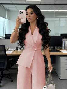Elenzga 杏色纯色V领西装外套，领口系带设计，优雅职业装，适合工作、会议、教师、学校、情人节、劳动节、复活节、旅行、休闲街头风、春夏连体裤 - 粉色 - 查看 3