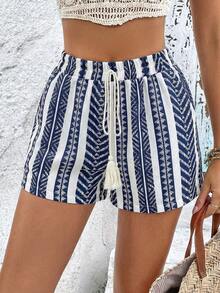 SHEIN Frenchy Quần short họa tiết hình học, dây rút eo, tua rua phía trước, kiểu dáng mùa xuân. - Màu xanh hải quân - Xem 4
