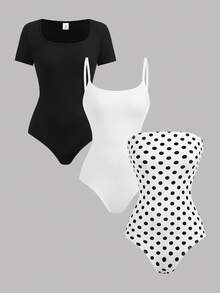 Girlism 3件套少女连体衣：短袖连体衣+吊带连体衣+波点印花吊带连体衣 - 黑與白 - 查看 1
