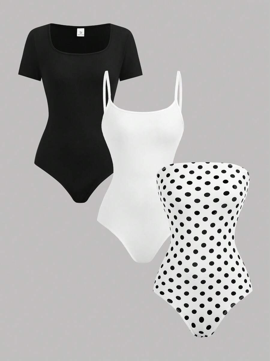 Girlism 3件套少女连体衣：短袖连体衣+吊带连体衣+波点印花吊带连体衣 - 黑與白 - 查看 1