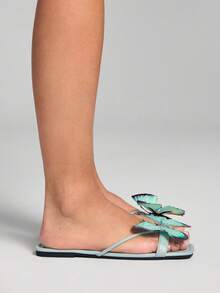 ROMWE Fairycore 女士亚麻平底凉鞋，花卉和蝴蝶装饰，露趾，透气网眼鞋面，适合婚礼、派对、休闲、海滩、旅行、约会，2025 年夏季、秋季、冬季 - 綠色 - 查看 5