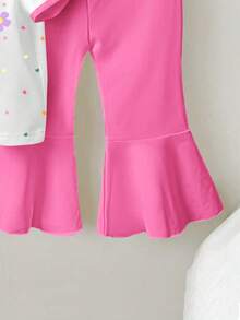 一套女婴可爱兔耳豹纹爱心印花圆领短袖T恤和针织喇叭裤套装，卡通兔子印花，春夏皆宜，夏季套装，复活节套装 - 彩色 - 查看 3