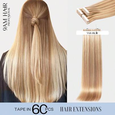 60pcs Tape In Hair Extensions 100% Human Hair #P18/22 Dirty Blonde Highlighted Bleach Blonde Straight Style In 14-22 Inch Lengths Extensions Silky Seamless Invisible Top Quality Thick Ends Healthy Human Hair Extensions For Thin Hair And Salon Use And For All Women/Girls Daily Use