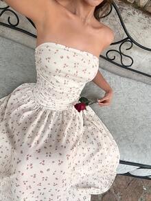 MainGRL Vestido con vuelo y cintura fruncida con estampado floral pequeño, adecuado para vacaciones y citas románticas - Multicolor - Ver 5