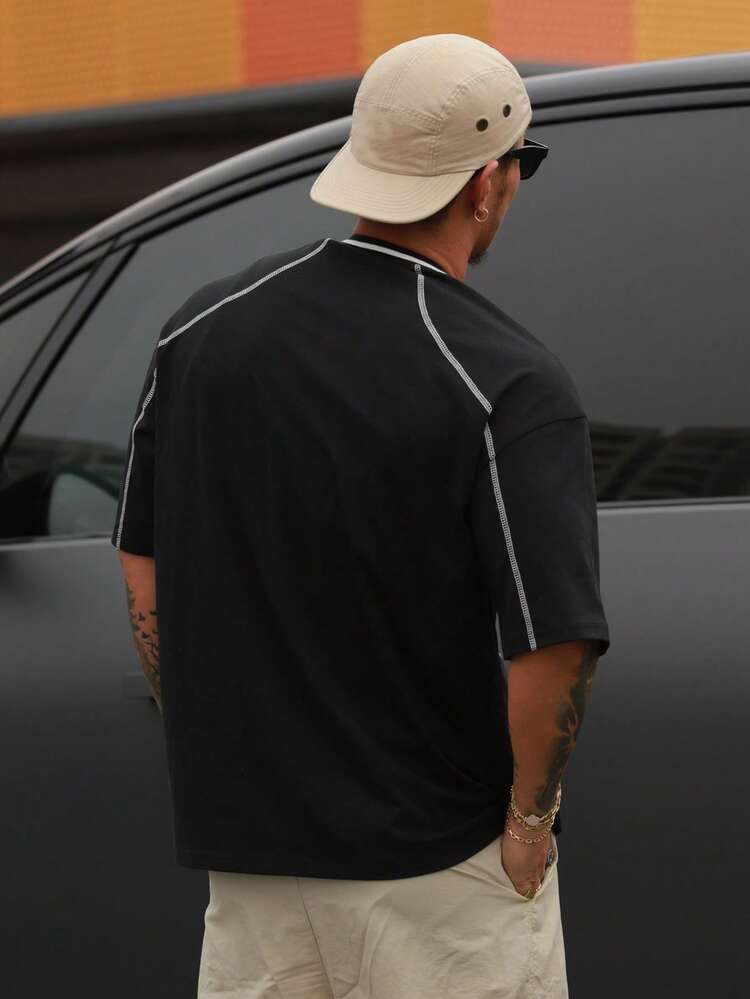 Men's Short Sleeve T-Shirt And Shorts Set With Decorative Line And Letter Print, Summer