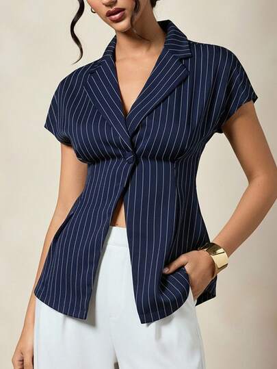 Briarwyn 2026 New Arrive Women's Casual Striped Print Lapel Collar Cinched Waist Blazer With Metal Button, Formal/Casual Wear, Navy Blue,Graduation,Teacher Outfits For Women,Back To School, Teacher Outfits For Women, Fall Women Clothes, Old Money, Office Outfits For Women,Suitable For Work And Daily Commute, Summer,