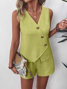 EMERY ROSE Women's Solid Color V-Neck Sleeveless Front Button Textured Fabric 2-Piece Set - Green - View 5