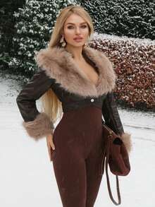 Elenary Edit Kunstfell Kragen Patchwork Kurze Lederjacke, Herbst/Winter - Schokoladenbraun - Übersicht 4