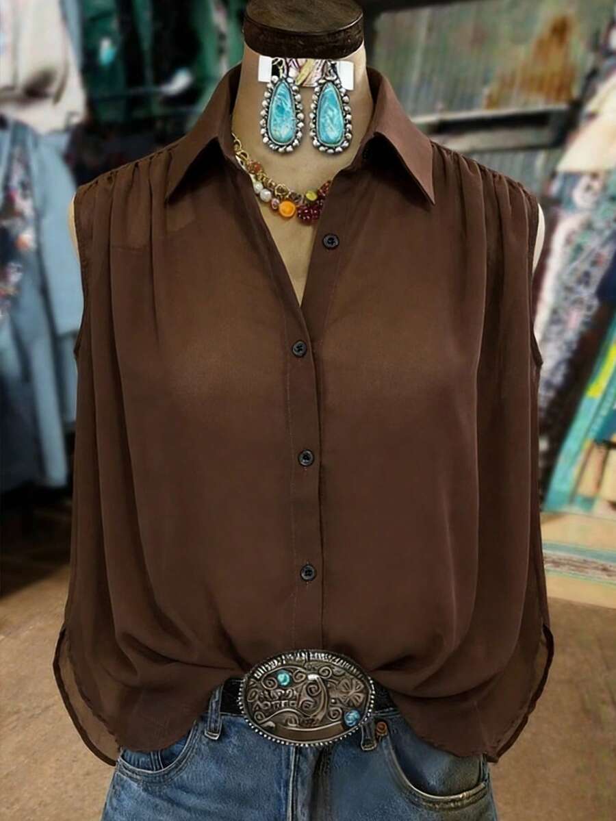 Franclia New Turndown Collar Sleeveless Single-Breasted Side Slit Loose Chiffon Blouse, Casual & Commuting Comfortable  Sleeveless Blouse Brown Blouse Dark Brown Top Chocolate Brown Top Coffee Brown Top - Coffee Brown - View 1