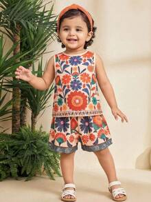 SHEIN Bộ 2 món cho bé gái, kiểu dáng thường ngày, ôm sát, in họa tiết hoa nhiệt đới, cổ tròn, áo croptop không tay và quần short in họa tiết. - Nhiều màu - Xem 5