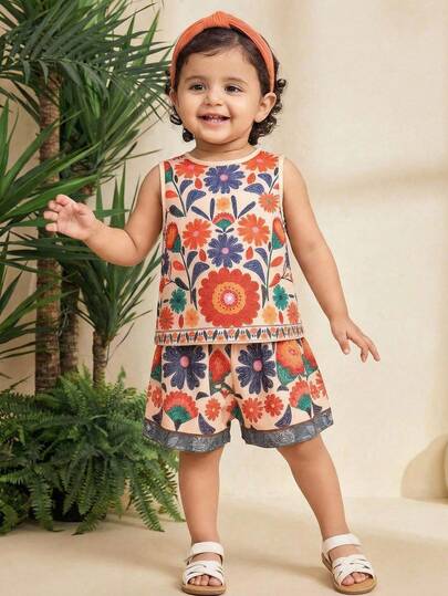 SHEIN 2pcs Baby Girl Casual Fitted Vacation Beach Tropical Floral Print Round Neck Cropped Sleeveless Top And Printed Shorts Set
