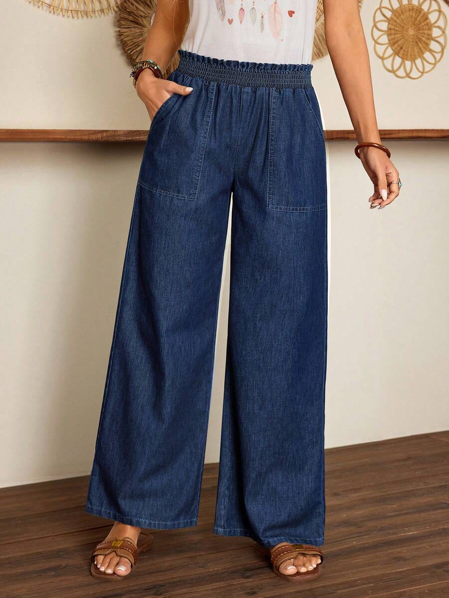 Breezaya 女士松紧腰宽松口袋牛仔裤，适合日常穿着 - 深色水洗藍 - 查看 1