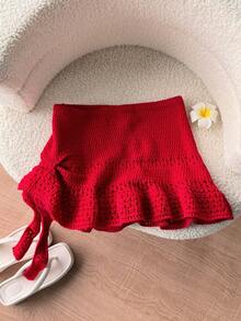 Elamini Women's Red Skirt, Fashion Summer Beach , Low Waist Hollow Out Ruffled Hem Mini Skirt, Versatile Sweet Vacation Style - Red - View 4