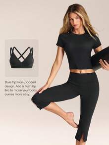 GLOWMODE Glow Era 柔软弹力圆领修身短袖运动T恤，适合低强度瑜伽、普拉提、健身房、日常休闲穿着 - 黑色 - 查看 6