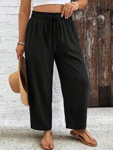 SHEIN VCAY 100% Cotton Comfortable Plus Size Women's Black Loose Casual Pants With Drawstring Waist And Ruffle Hem - Black - View 4