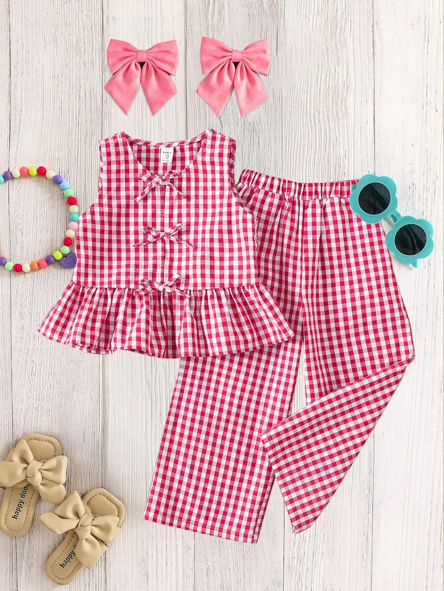 Emery Rose Kids Emery Rose Kids Bộ 2 món gồm áo thun cổ tròn kẻ caro dệt kim và quần ống rộng thoải mái cho bé gái. - Màu Hồng Tươi - Xem 1