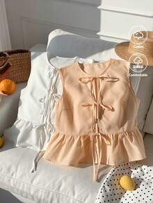 CovetEZ Women's Round Neck Tie Front Ruffle Hem Sleeveless Blouse - Yellow - View 4