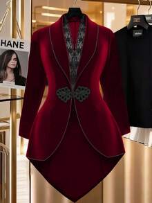 Elenzga Plus Size Women Lace Patchwork Asymmetrical Hem Casual Blazer Jacket - Burgundy - View 1