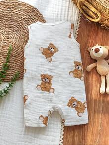 SHEIN Vintaside Kids 男婴休闲可爱小熊印花连体衣，圆领无袖，适合日常穿着、外出和度假，春夏款 - 白色 - 查看 2