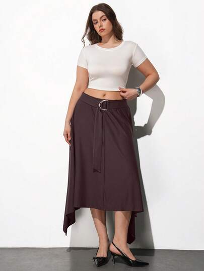 Maija 大码优雅纯色金属装饰不对称下摆半身裙