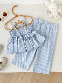 Cozy Pixies 2pcs Baby Girl Blue & White Striped Camisole Top And Elastic Waist Pants Set Blue Two Piece Set Toddler Outfits 2 Piece Ruffles Baby Girl Blue Two Piece Baby Girl Outfit Set - Blue and White - View 2