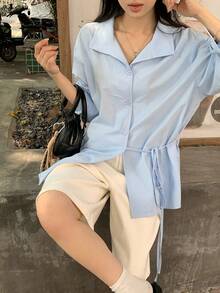 FRIFUL Camisa suelta de unicolor con cuello regular y cordón en la cintura para mujer - Azul - Ver 4