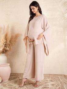 Momance 2pcs Maternity Bat Wing Long Sleeve Boat Neck A-Line Top And Drawstring Waist Straight Leg Pants Set - Khaki - View 6
