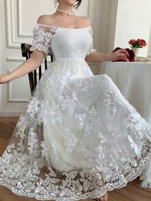 DAZY 女士优雅蕾丝拼接长裙，夏季婚礼宾客礼服，女士连衣裙/吊带裙 - 米色 - 查看 3