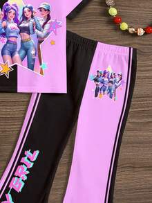 SHEIN 两件套卡通女孩彩色紫色和黑色撞色套装，多巴胺色调，K-Pop 超级明星图案圆领短袖上衣和喇叭裤，适合夏季、返校季、2000 年代风格、韩式风格、秋季、冬季、朋克风、条纹、轻松舒适、时尚童装、嬉皮风、音乐节、复古甜美风、校园、街头时尚、城市漫步、休闲校园运动、户外野餐、郊游、街拍、居家、校园 - 彩色 - 查看 5