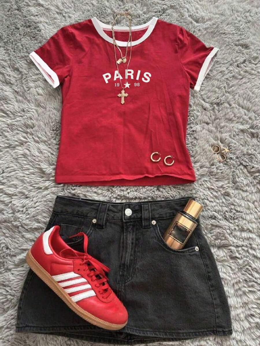 Glimmora 女士图案T恤，夏季新款设计，数字和字母印花，红白撞色，适合返校季、教师节、户外节日、派对、休闲运动风，常规版型T恤 - 彩色 - 查看 1