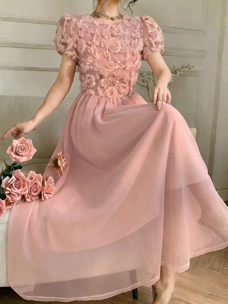 Women's Solid Color Applique Round Neck Elegant Short Sleeve Midi Dress Sundress