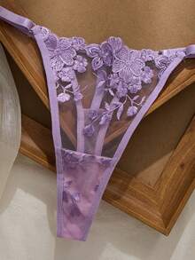 两件套网纱刺绣女士内衣套装 - 紫丁香色 - 查看 6