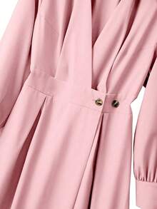 GlowEve CURVE 大码女式休闲纯色翻领灯笼袖纽扣褶裥腰部A字连衣裙 - 粉色 - 查看 7