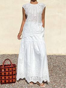 Livesso 夏季度假套装 圆领镂空蕾丝两件套，白色 - 白色 - 查看 5