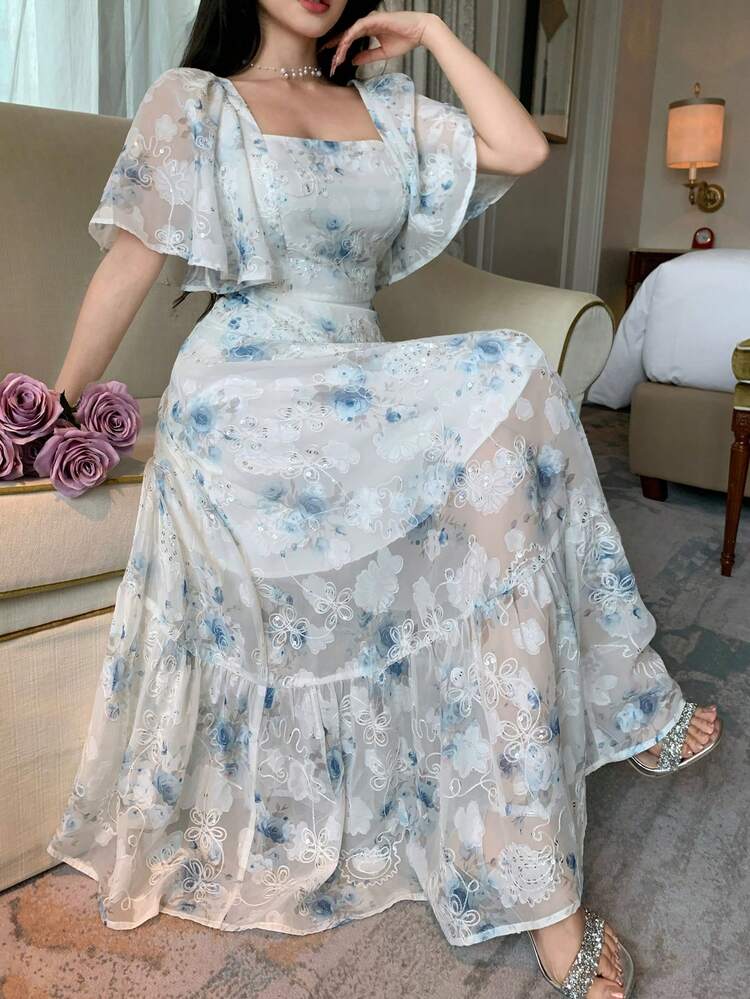 Women's Floral Print Sweetheart Neck Ruffle Sleeve Elegant Dress Maxi Dress Sundress Summer Boho