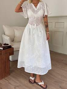 DAZY Đầm maxi nữ kiểu dáng thường ngày, màu trơn, thêu họa tiết rỗng, thích hợp cho kỳ nghỉ hoặc phong cách boho. - trắng - Xem 4