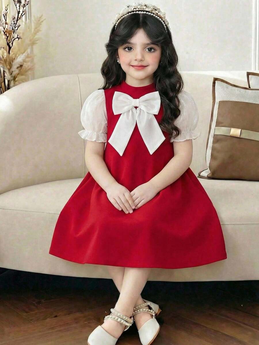 SHEIN Đầm ren đỏ dáng ôm cổ tròn tay phồng, thanh lịch, thích hợp cho bé gái, trang nhã, truyền thống, phù hợp cho bé gái mặc hàng ngày, lễ hội, họp mặt gia đình và các dịp đặc biệt, kiểu áo dành cho chị em, mùa xuân/hè, dễ thương, thanh lịch, ngọt ngào, cổ điển, thời trang, đi nghỉ mát, mẹ con và chị em gái mặc đồ đôi, ngày Valentine. - Hồng - Xem 1