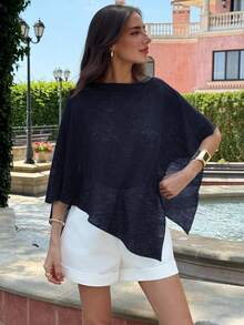 Aloruh Áo choàng dệt kim jacquard khoét lỗ màu mơ thời trang mới, đa năng, kiểu dáng cổ yếm, cổ áo choàng, thích hợp mặc đi nghỉ mát, nhẹ nhàng, kiểu dáng áo khoác ngoài. - Màu xanh hải quân - Xem 8