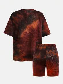 少女休闲扎染宽松圆领T恤和黑色打底裤套装 - 黑色 - 查看 2