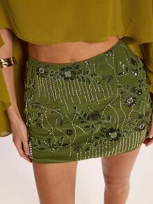 SHEIN BAE 优雅串珠刺绣亮面低腰半身裙，度假裙，沙滩派对裙，夏季半身裙 - 綠色 - 查看 7