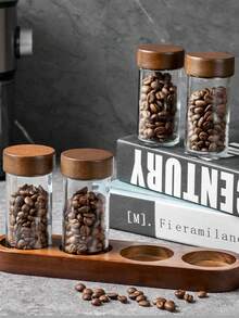 Madebyblanc Tubos de almacenamiento de granos de café de madera y vidrio, contenedores de almacenamiento de granos de café con base de madera, juego de almacenamiento de granos de café para mostrador - Multicolor - Ver 2