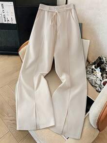 GlowEve High Waist Slit Leg Pants, Relaxed Fit Straight Leg Trousers, Elegant Commuting & Date, Slimming Casual Suit Pants - Beige - View 5
